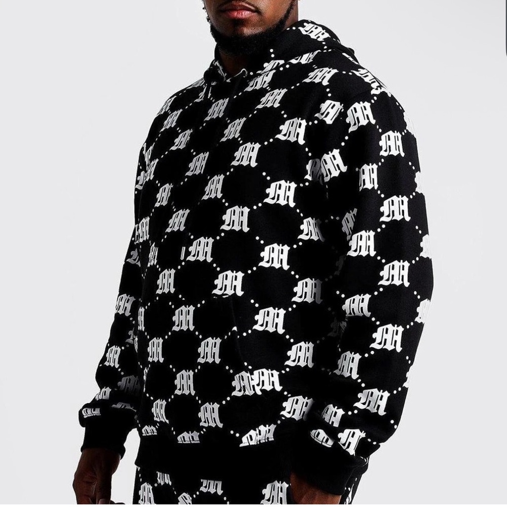 BoohooMAN Black Monogram Tracksuit Set 2XL Hoodie Joggers Streetwear Athleisure - Picture 2 of 4